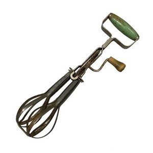 Vintage Egg Beater Mixer Stainless Steel Green Handle Primitive Kitchen Decor